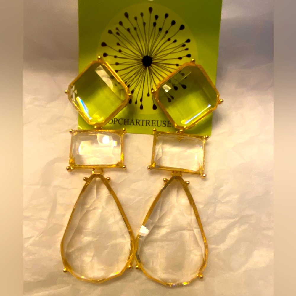 Brand NEW triple GOLD dangle earrings! clear stone with gold trim